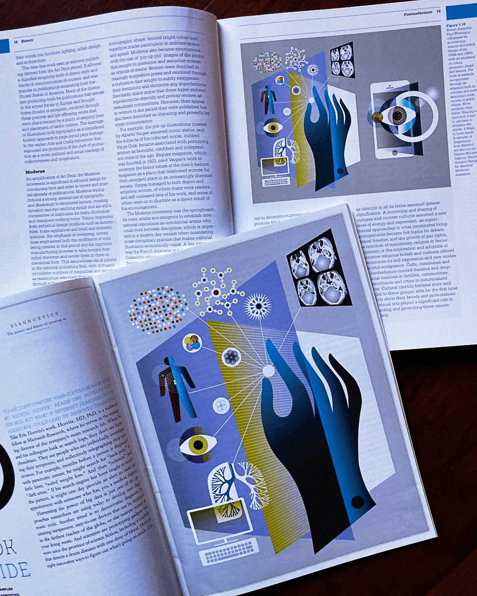 Paul Wearing, Interior spread of medical magazine showing a conceptual and scientific illustration of a human body.